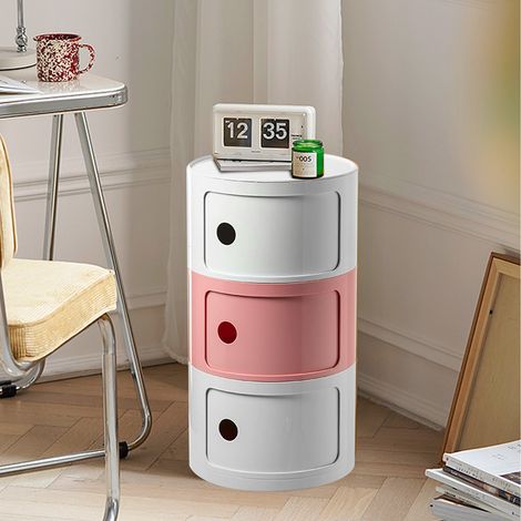 Table de chevet ronde vintage à blocs de couleurs, idéale pour les petits appartements, rangement, style minimaliste nordique, meuble de rangement pour chambre à coucher, blanc cassé + rose + blanc ca (1/5)