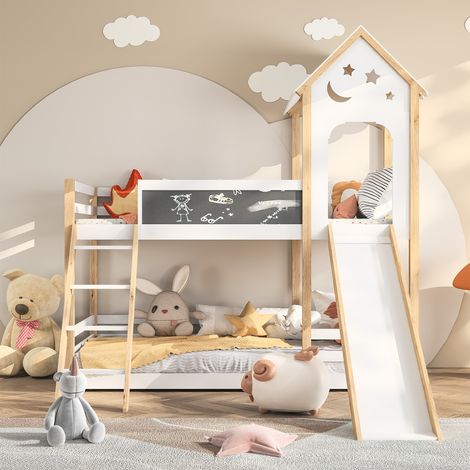 Etagenbett 90x200 cm - Massivholzbettgestell - Kinderbett mit Absturzsicherung, mit Treppe, Rutsche und Tafel, Lattenrost, Hochbett - Weiß (1/5)