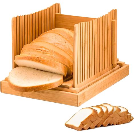 Trancheuse de Pain en Bambou, Rangement Pliable, Slicer de Pain de Planche Pliable Avec Baceau à Miettes, Idée pour Gâteaux, Pain Sourdough et Bagels, Baceau de Pêche de Miettes pour le Pain (1/5)