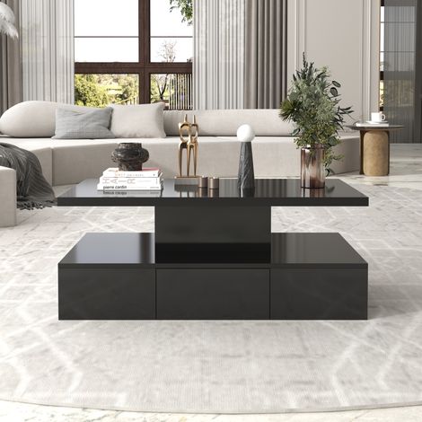 Tavolino 100x50x39 cm con 1 cassetto e LED, finitura lucida, tavolino moderno, nero (1/5)
