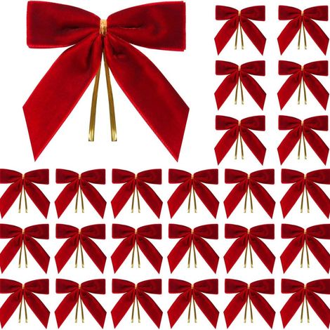 24 petits nœuds de Noël en velours rouge, parfaits pour décorer les sapins de Noël, les couronnes, les emballages cadeaux, les fêtes et réaliser des nœuds. (1/4)