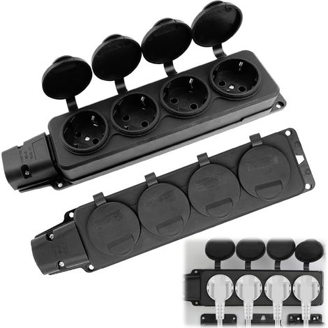 Lot de 2 prises extérieures, étanches, 4 prises, avec couvercles rabattables, sans câble, pour pièces humides, IP54, pour jardin, extérieur, intérieur