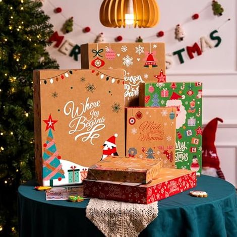 Lot de 12 grandes boîtes cadeaux de Noël de 43,2 cm avec couvercles pour cadeaux, chemises et vêtements de 10,2 cm de profondeur, 3 tailles et 12 motifs décoratifs en papier kraft pour peignoir