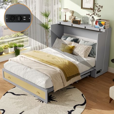 Lit escamotable 140 x 200 cm gris – lit mobile avec tiroirs intégrés au pied, étagère intégrée à la tête de lit, prises électriques et USB, lit plateforme convertible, matelas non inclus (1/5)