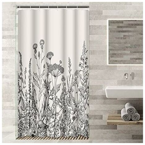 90  180cm Camper Stall Rideau De Douche Floral Border Herbes Et Fleurs Sauvages Botanique Vintage Gravure Noir Imperméable Polyester Tissu Ensemble Avec Crochets (1/5)