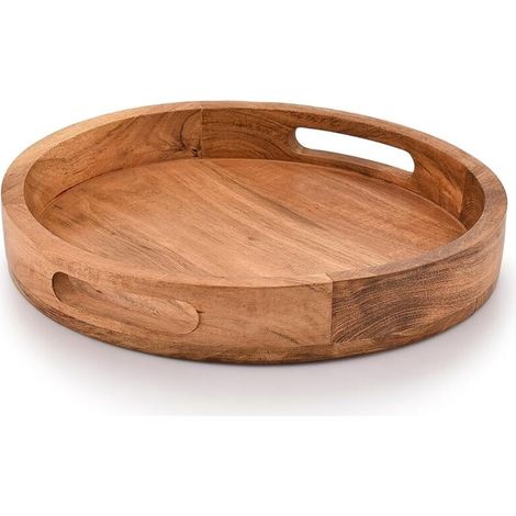 Bardusch-Plateau rond acacia avec poignées – 30,48×30,48×4,06 cm – bar, salon, table – service boissons/aliments (1/5)