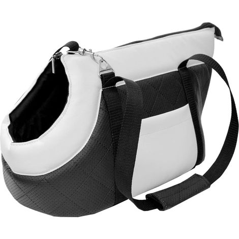 1 Sac de transport pour chien et chat, similicuir noir et blanc, taille L, avec sangle et mousqueton, jusqu'à 12 kg