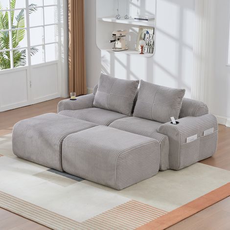 Divano modulare da 2 posti in velluto a coste (panno) con 2 pouf, portabicchieri e tasca laterale, grigio chiaro, 200x174x80 cm (1/5)