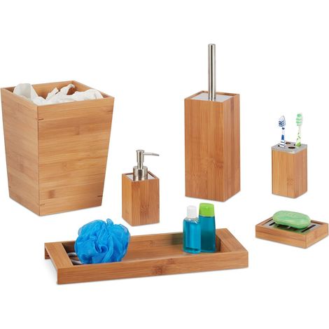 Set Salle de Bain, 6 pcs, Bambou, Distributeur, Porte-Savon, Balai WC, Porte brosses Dents, Support, Poubelle (1/5)