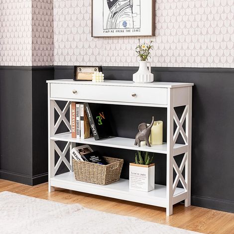 COSTWAY Mesa Consola Mesita Auxiliar con Cajón y Estantes Escritorio para Entrada Sala de Estar Dormitorio Oficina 100 x 30 x 80 cm (Blanco) (1/5)