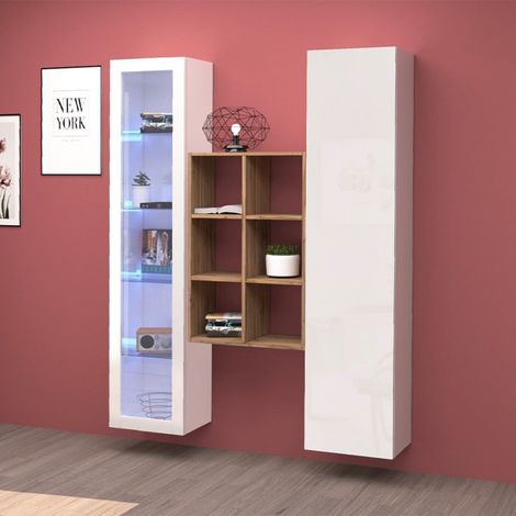 Mueble de salón blanco con vitrina librería y armario Teret WH