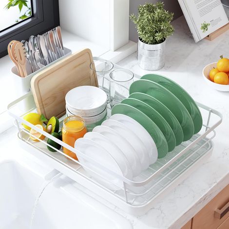 Egouttoir Vaisselle Cuisine - Egoutoire Compact et Gain de Place, Seche Vaisselle en Acier Inoxydable avec Porte-Couverts, 29,0 x 38,1 x 12,7 cm, Blanc (1/5)