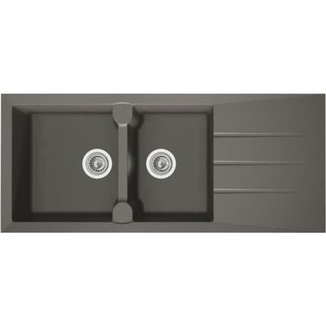 STRADOUR Evier cuisine a encastrer 2 bacs + 1 égouttoir Aloa - Résine - 116 x 50 cm - Gris béton (1/2)