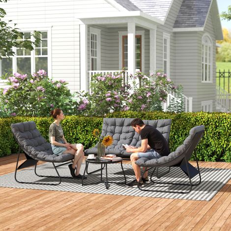 Ensemble de mobilier de jardin 4 places, 2 chaises, 1 canapé 2 places, 1 table, coussins épais, structure en acier, pour terrasse, gris
