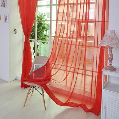 Rideaux transparents à deux panneaux pour le salon – bande plissée, ourlet lesté, tissu 100 % polyester, rouge, 100 x 200 cm