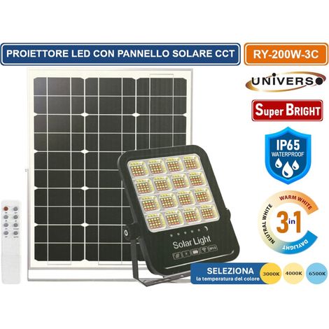 UNIVERSO RY-200W-3C FARO LED FLOODLIGHT 2200 LUMEN IP65 TEMPERATURA COLORE SELEZIONABILE CCT 3IN1 3000K 4000K 6500K CON PANNELLO SOLARE E TELECOMANDO (1/2)