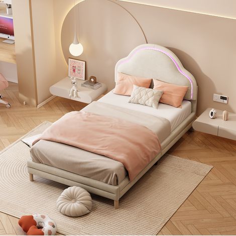 Cama individual tapizada con cabecero nube y tira LED multicolor, terciopelo beige, 90x200 cm (1/5)