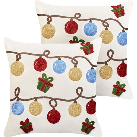 Dekokissen 2er Set PALMIER Samtstoff 45 x 45 cm Cremeweiß Weihnachtsmotiv