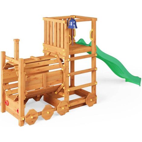Trenino Parco giochi in legno Fungoo Loco con scivolo colore teak (1/5)