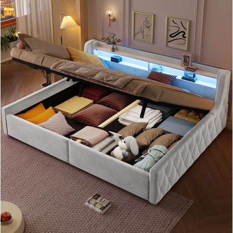 Cama tapizada 140/200 cm en blanco roto con arcón hidráulico y cabecero LED (1/5)