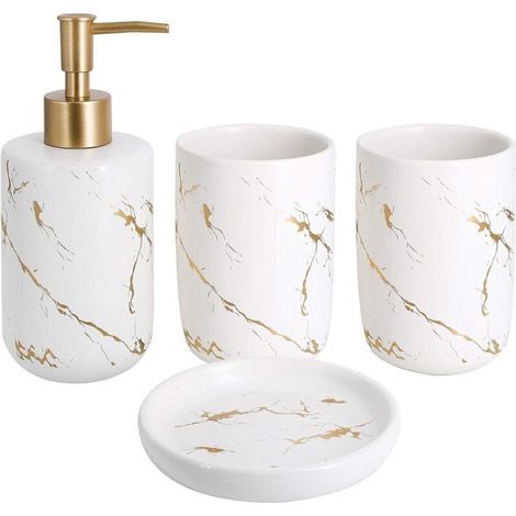 Ensemble de 4 Accessoires de Salle de Bain en céramique avec Distributeur de Savon, gobelets, Porte-Savon (Blanc)