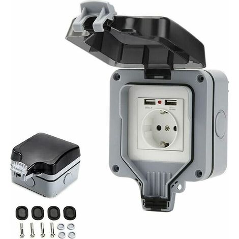 royaluxe -Prise Étanche IP66 avec Connexions USB Prise Électrique Extérie avec Couvercle Boîtier de Prise Murale pour Jardin Garage Piscine (1/5)