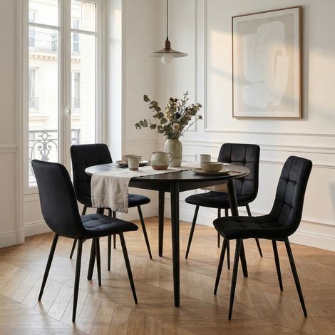 Set di 4 sedie da pranzo (H. 86 cm), sedie da soggiorno con schienale ergonomico, velluto e gambe in metallo, stile moderno, Nero