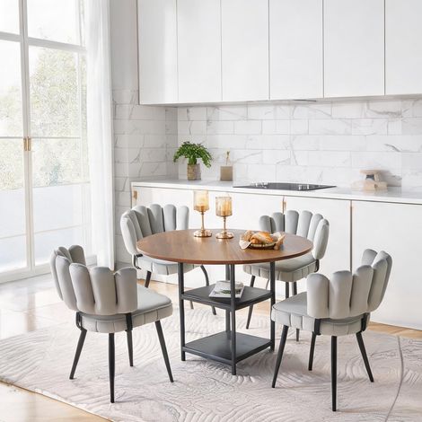Ensemble table ronde 107 cm et 4 chaises tissu gris clair (1/5)