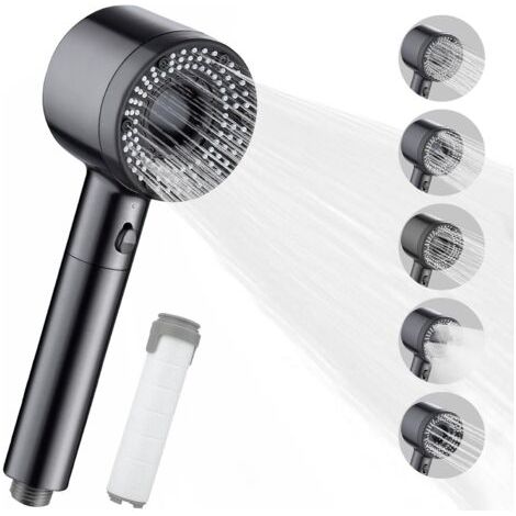Pommeau de Douche Haute Pression, Pommeau Douche Anti Calcaire avec 5 Modes Réglables, Douchette Douche Salle de Bain avec Filtre, Pommeau de Douche Économie D'eau avec Bouton Pause (Gris)