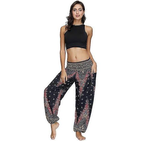 Pantalon harem pour femme, pantalon de yoga bohème taille haute avec poches (1/5)