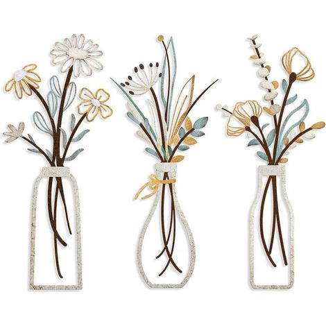 Ensemble de 3 décorations murales florales, 35 x 15 cm, métal, style rustique. Décoration murale simple et fleurie pour salon, salle de bain, chambre. (1/5)