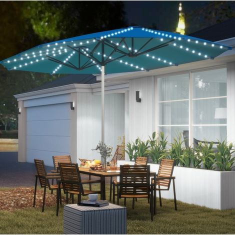 Doppelsonnenschirm Aluminium blau mit Kurbel, Solar-/USB-LED, UPF 50+, windentlüftet (1/5)