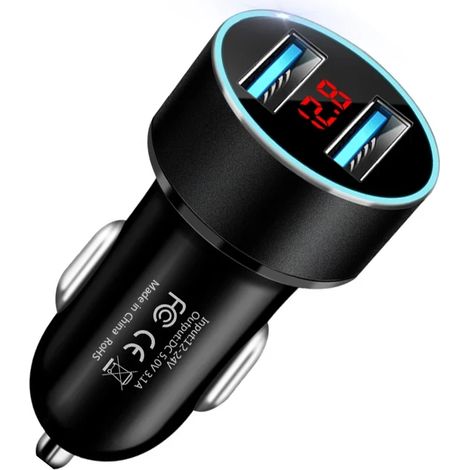 Chargeur de voiture double USB 3,1 A avec affichage LCD de la tension et LED bleue (prise allume-cigare) pour charge rapide. (1/5)