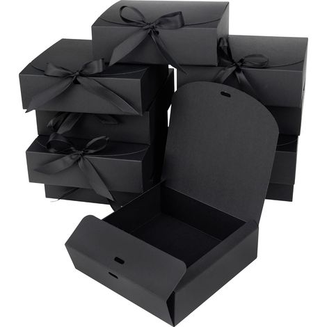 Lot de 10 boîtes cadeaux avec couvercle 16 x 16 x 5 cm, noires, pliables avec ruban, pour mariage, anniversaire, Saint-Valentin, Noël et fête, emballage élégant (1/5)