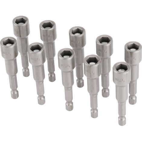 Lot de 10 douilles hexagonales en acier au chrome-vanadium magnétiques de 9 mm pour forets de perceuse électrique (1/5)