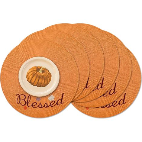 Lot de 6 sets de table ronds tressés de 38,1 cm pour tables de salle à manger, tissés naturels, résistants à la chaleur (Thanksgiving orange B, 6)'Thanksgiving Orange 15 inches set of 6'Thanksgiving O (1/5)