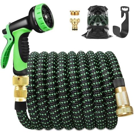 3x 30m 100ft Telescopic Water Hose, 9 Functions Garden Hose with High Pressure Gun, Brass Accessories (1/4)