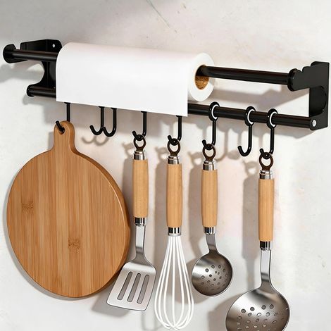 Porte-Ustensiles Mural 50 cm, Barre de Ustensiles Suspension avec 8 Crochets Déplaçable, Patère de Cuisine Multifonctionnel, avec Instructions, pour Spatules, Planches à Découper, Cuillères (1/5)