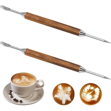 Latte Art Stift, Kaffeekunststift aus Edelstahl mit Holzgriff, für Latte, Cappuccino, Macchiato und Espresso. (1/4)