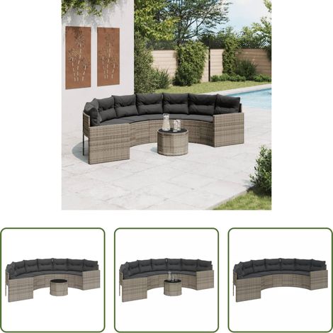 Gartentisch -  Gartensofa mit Tisch und Kissen Halbrund Grau Poly Rattan (1/5)