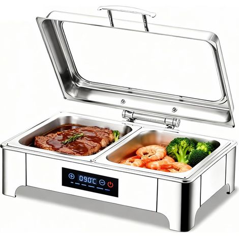Chafing Dish Chauffe-buffet électrique en acier inoxydable 9 l avec contrôle de la température à écran tactile (35-90 °C), couvercle en verre et design amovible, récipient de maintien au chaud 400 W (1/5)