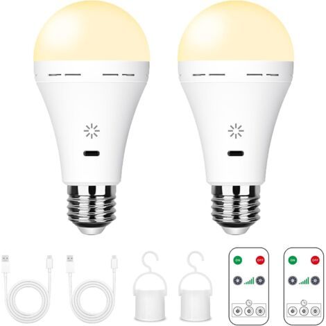 Ampoules LED rechargeables - 7W E27 avec télécommande et variateur tactile  Lampe de secours pour le camping (blanc chaud) lot de 2[mo]-AquaForge (1/5)