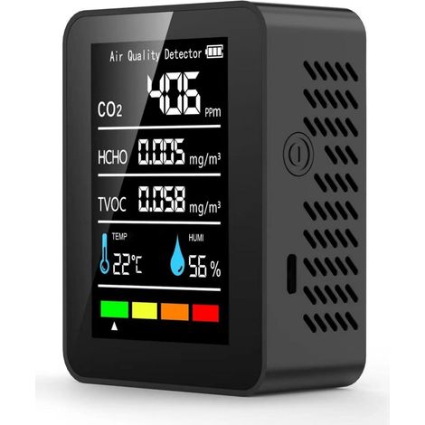 Tragbarer 5-in-1-Luftqualitätsdetektor, misst CO2, HCHO, TVOC, Luftfeuchtigkeit, Temperatur und Feinstaub für Zuhause, Büro und Auto
