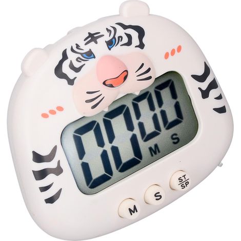 Minuteur de cuisine numérique avec compte à rebours, sons d'animaux et alertes lumineuses. Utilisation facile avec support pour apprendre à cuisiner. Tigre blanc. (1/5)