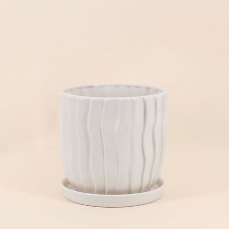 Cache-pot strié beige 20cm avec plateau