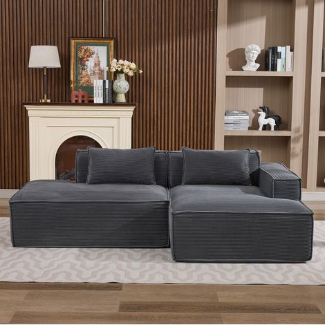 Sofá tapizado 235x129x70 cm gris en poliéster con 2 cojines y asiento de muelles ensacados (1/5)