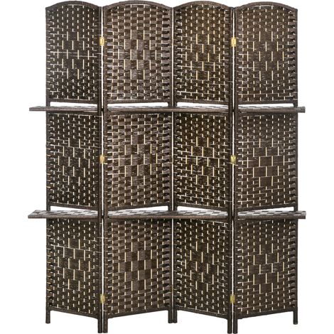 Paravent séparateur de pièce 4 panneaux 160x170 cm 2 étagères pliable bois (1/5)