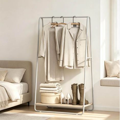 Appendiabiti 80x44x140 cm, con barra superiore e ripiano per scarpe, metallo e pannello truciolare bianco (1/5)