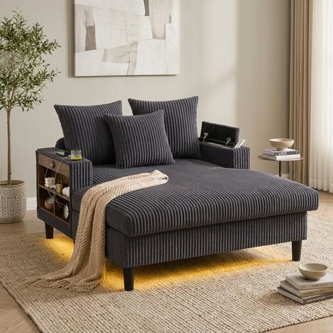Chaiselongue 129x170x70 cm, con LED, portavasos dobles, almacenaje y USB, pana gris oscuro (1/5)