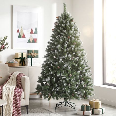 Sapin de Noël enneigé 180 cm, 910 branches avec pommes de pin, pied métallique pliable, vert, décoratif (1/5)